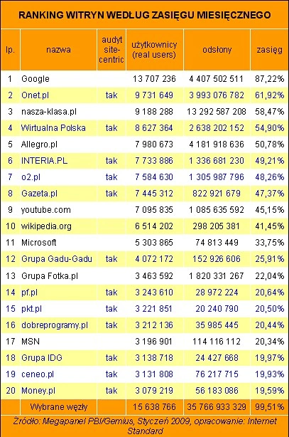 Styczniowe wyniki Megapanelu - najpopularniejsze witryny w Polsce 