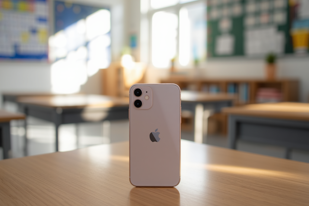 Smartfon iPhone na szkolnej ławce jako przykład telefonu dla dziecka