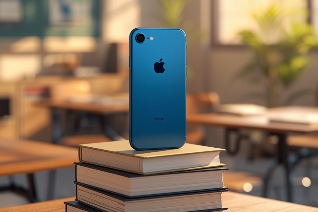 Używany iPhone jako pierwszy telefon dla dziecka, ustawiony na książkach w sali lekcyjnej